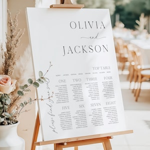 May include: A white wedding seating chart on a wooden easel. The chart features the names "Olivia and Jackson" in elegant script, with guest names organized by table number. Decorative floral accents are present.
