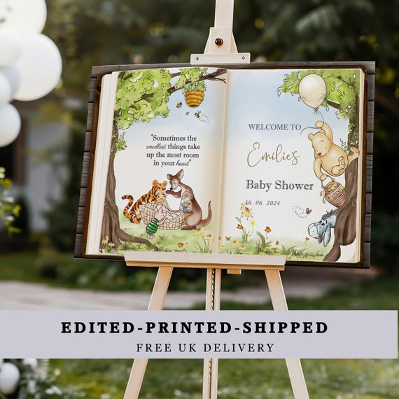Winnie the Pooh Baby Shower Sign, PRINTED or Digital Classic Pooh Bear Custom Poster, Poster, Canvas, Foamboard or PDF File  A1, A2, A3