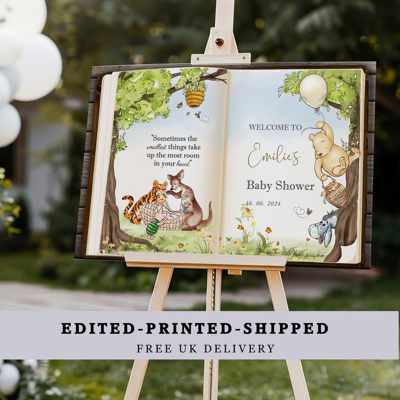 Winnie the Pooh Baby Shower Sign, PRINTED or Digital Classic Pooh Bear Custom Poster, Poster, Canvas, Foamboard or PDF File A1, A2, A3 image 1