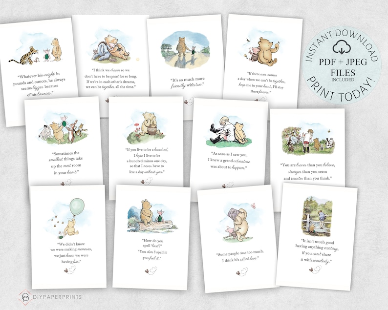 May include: A collection of Winnie the Pooh-themed printable cards. Each card features a watercolor illustration of Pooh and friends with a quote. The cards are white with black text and are available as instant download PDF and JPEG files.