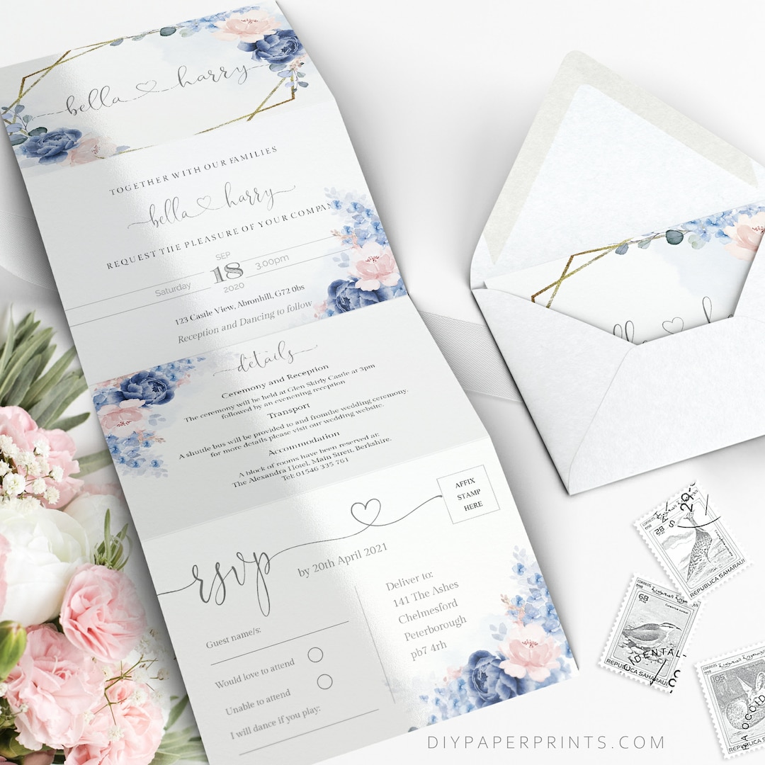 Folded Wedding Invitation Template, Printable, Editable Concertina