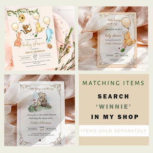 May include: Baby shower invitations featuring Winnie the Pooh characters and balloons. The invitations include the text "baby shower" and the honoree's name, date, time, and location. The invitations are decorated with floral accents.
