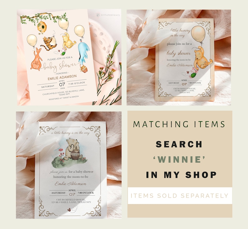 May include: Baby shower invitations featuring Winnie the Pooh characters and balloons. The invitations include the text "baby shower" and the honoree's name, date, time, and location. The invitations are decorated with floral accents.