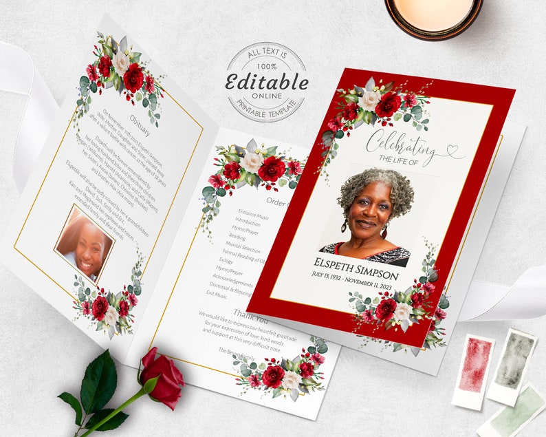 Red Floral Funeral Program Template: Celebration of Life (instant ...