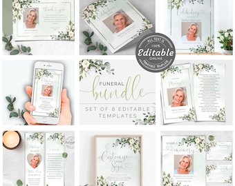 Funeral Bundle Set, Greenery Celebration of Life, Funeral Memorial Pack, In Loving Memory Suite, Printable Editable Funeral Templates F-BETH