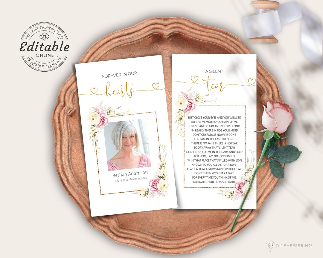 Floral Funeral Prayer Card Template Editable Memorial digital 