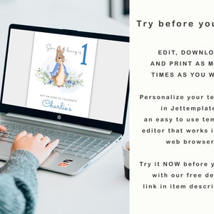 May include: A laptop screen displaying a digital template for a birthday invitation featuring a watercolor illustration of Peter Rabbit. The text on the screen reads "Save the bunny is 1" and "Hop on over to celebrate Charlie's".