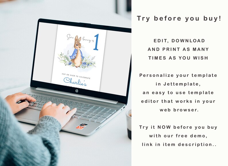 May include: A laptop screen displaying a digital template for a birthday invitation featuring a watercolor illustration of Peter Rabbit. The text on the screen reads "Save the bunny is 1" and "Hop on over to celebrate Charlie's".