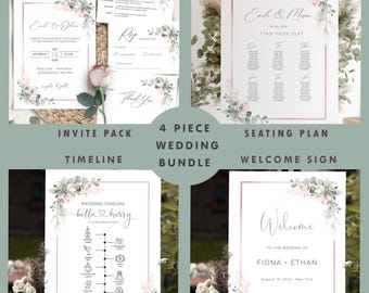 Pink Floral Wedding Invitation Pack and Signs Bundle: 4 Editable Templates (Digital Download)
