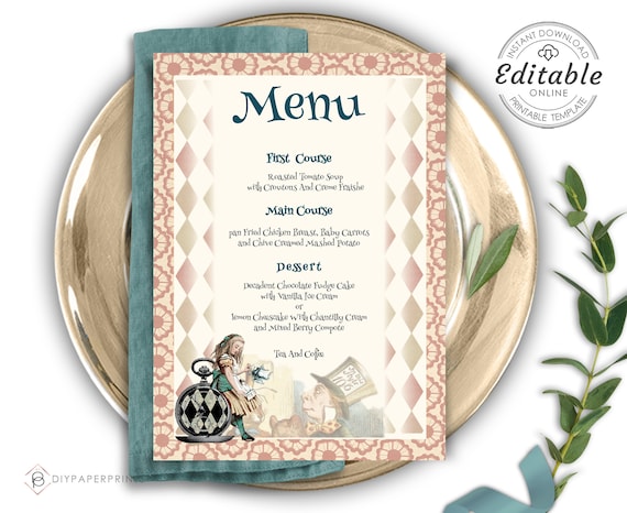 Alice In Wonderland Wedding Menu Template Printable DIY | Etsy España