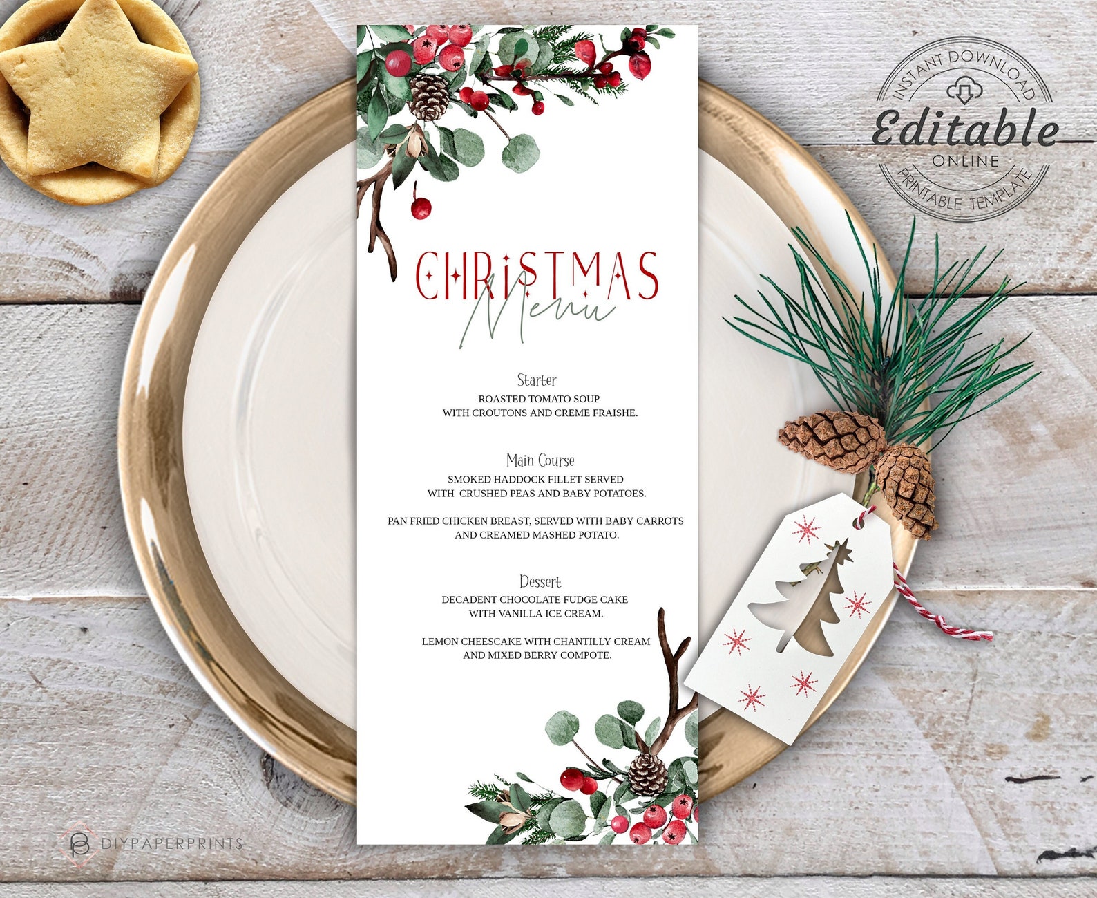 Christmas Berry Menu Template, Printable Holiday Menu (instant Download ...