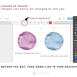 May include: A screenshot of a computer screen showing a design program with two watercolor circles. The left circle is pink and the right circle is blue. The user can easily change the colors of the circles using the effects icon.