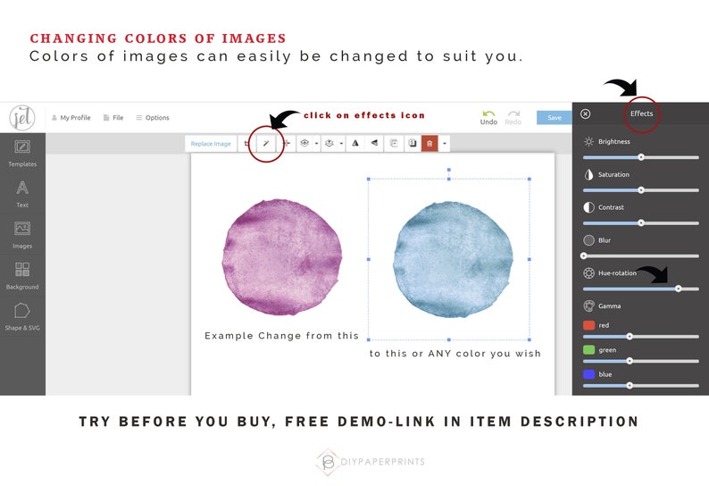 May include: A screenshot of a computer screen showing a design program with two watercolor circles. The left circle is pink and the right circle is blue. The user can easily change the colors of the circles using the effects icon.