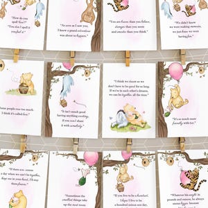 Lot de 12 cartes de citation Winnie l'ourson classique à téléchargement immédiat, 12 x 20 cm, décoration de pièce maîtresse d'anniversaire pour baby shower rose WP1P