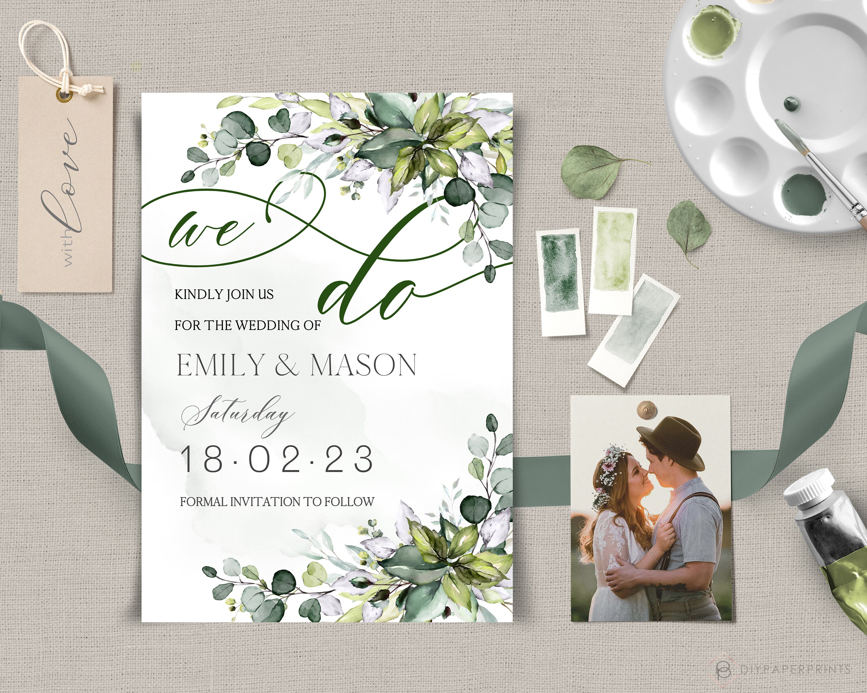 We Do Wedding Invitation & Rsvp Template, Watercolor Eucalyptus Digital ...