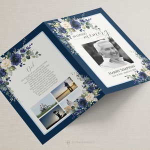 May include: A blue and white floral funeral program with a photo of a man and the text "In Loving Memory" and "Harry Simpson" with dates of birth and death. The program also includes a poem about remembering a loved one.