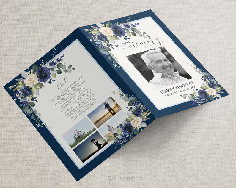 May include: A blue and white floral funeral program with a photo of a man and the text "In Loving Memory" and "Harry Simpson" with dates of birth and death. The program also includes a poem about remembering a loved one.