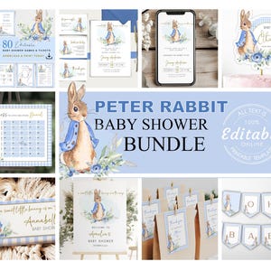Peter Rabbit Baby Shower Bundle. EDITABLE Peter Rabbit Party Decorations. Printable Custom Flopsy Bunny Baby Shower Games, Decor - PRBS