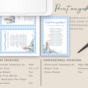 Puede incluir: Juego imprimible "Would Mommy Rather?" con un borde de cuadros azules y una ilustraci&oacute;n de acuarela de un conejito. El juego incluye una lista de preguntas. El texto "Print anywhere!" est&aacute; en la parte superior.