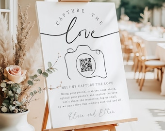 Letrero con código QR "Captura el amor", Letrero "Comparte el amor" para bodas, Compartir fotos con Snap, Póster personalizado para fotos de boda, Lienzo o cartón pluma.