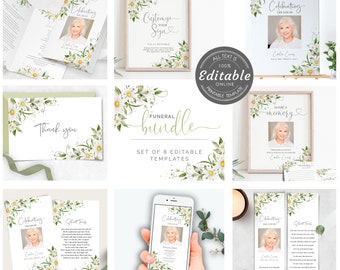 May include: A set of 8 printable funeral templates featuring white daisies and green leaves. The templates include a sign, a thank you card, a memorial card, a share a memory card, a program, a memorial card, and a phone screen. All text is editable online.