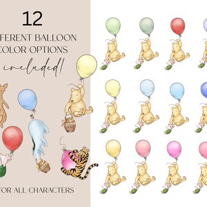 May include: An illustration featuring various cartoon characters, including a kangaroo, a bear, and a tiger, each holding a colorful balloon. The image includes text that reads "12 DIFFERENT BALLOON COLOR OPTIONS included! FOR ALL CHARACTERS."