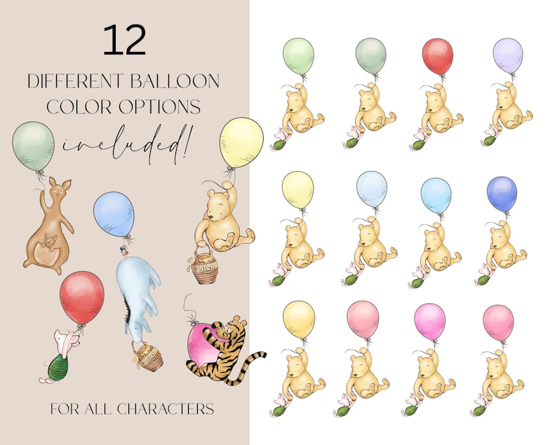 May include: An illustration featuring various cartoon characters, including a kangaroo, a bear, and a tiger, each holding a colorful balloon. The image includes text that reads "12 DIFFERENT BALLOON COLOR OPTIONS included! FOR ALL CHARACTERS."