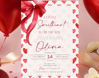 Invitación para baby shower de San Valentín con corazones y lazos rojos, plantilla de Canva (5x7") LS1