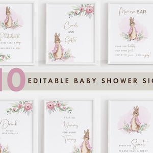 Peter Rabbit Baby Shower Signs, Pink Flopsy Decorations Peter Rabbit Decor Template Bundle, Photo Guestbook, Diaper Raffle PRP