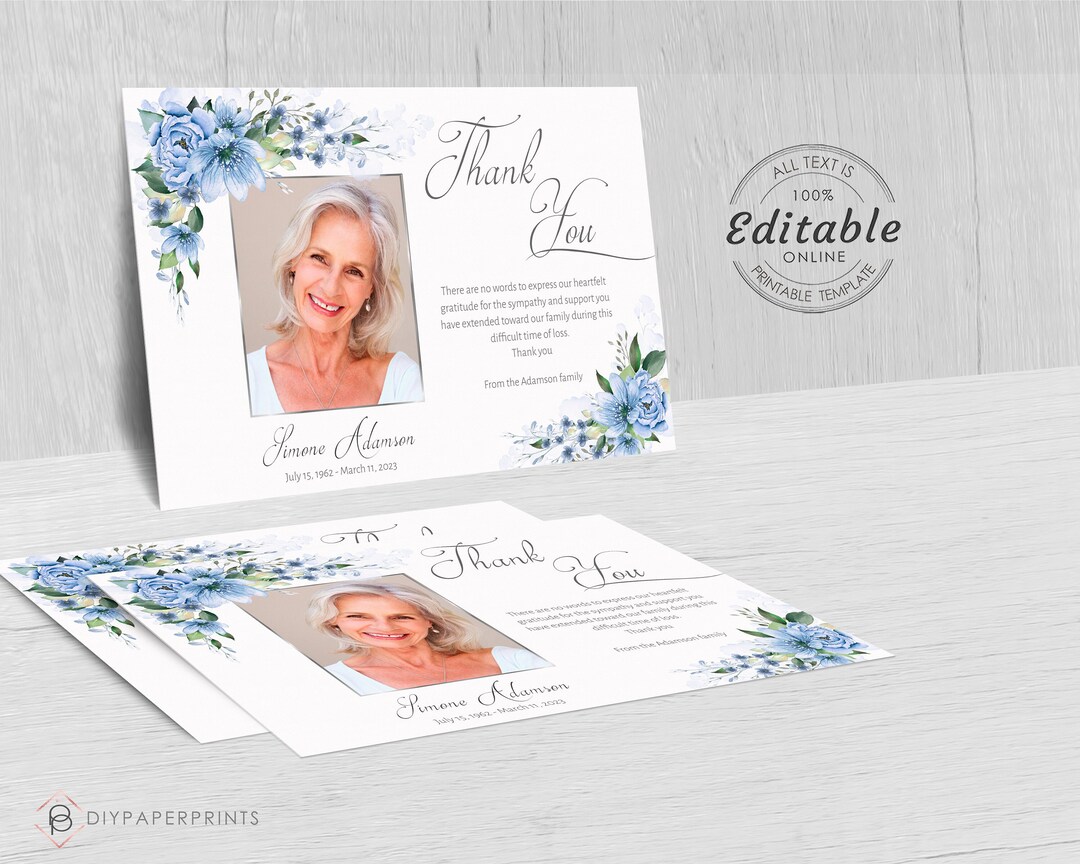 Blue Floral Funeral Thank You Card Template (INSTANT DOWNLOAD) - Etsy