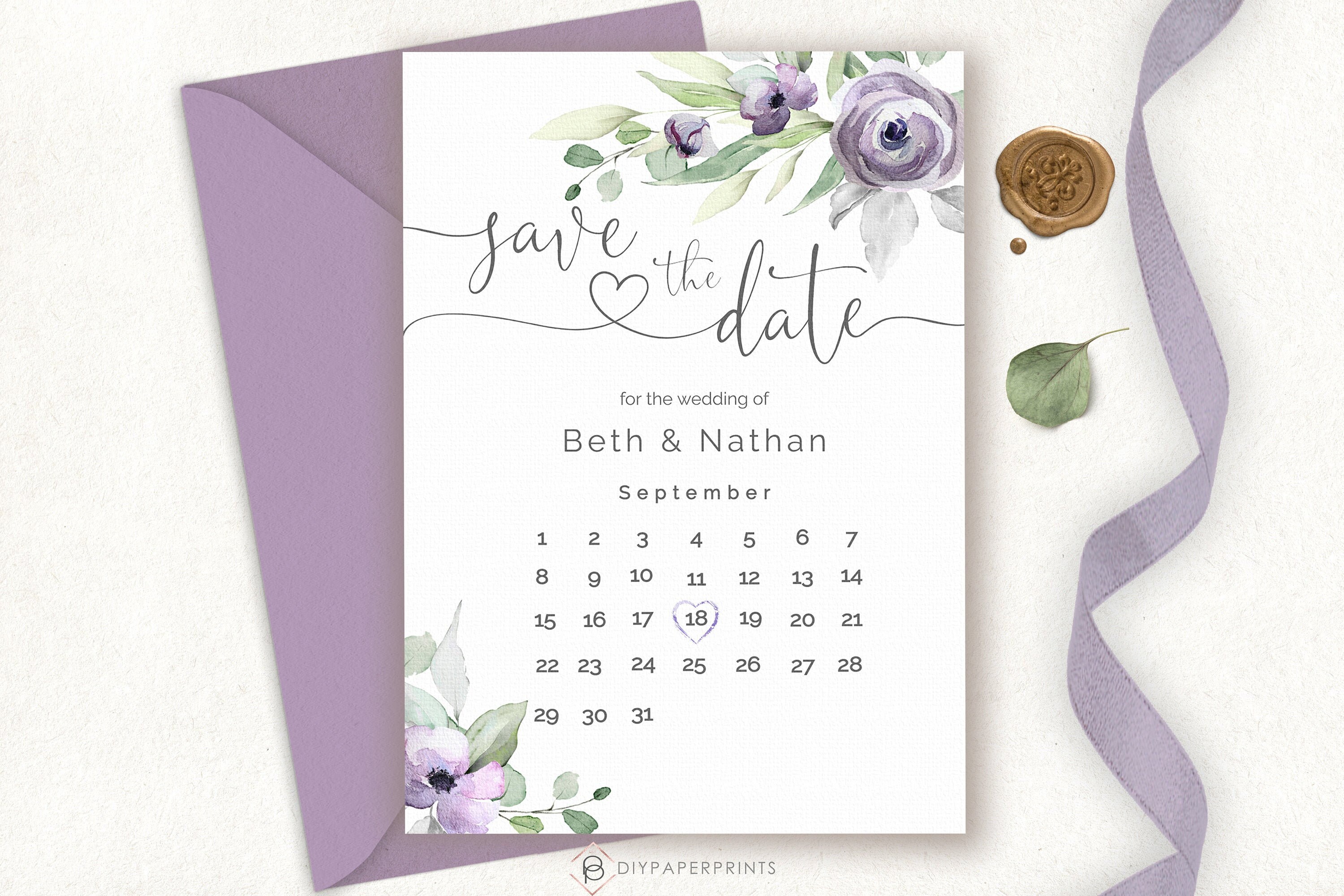 Purple Wedding Save the Date Template Save the Date Calendar - Etsy