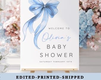 Letrero de bienvenida con lazo azul, letrero para baby shower, letrero de bienvenida para baby shower "Oh Boy" impreso o digital: póster personalizado, lienzo, cartón pluma o archivo PDF.