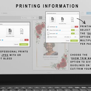 May include: A computer screen displaying a website with instructions on how to print a digital template. The website shows a red floral design with a photo of a woman. The instructions include options for adding bleed, showing trim marks, and saving paper.