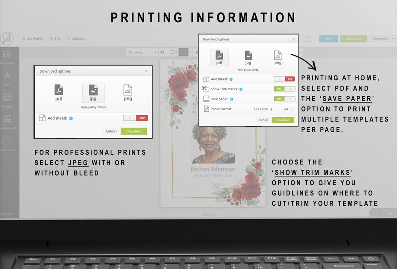 May include: A computer screen displaying a website with instructions on how to print a digital template. The website shows a red floral design with a photo of a woman. The instructions include options for adding bleed, showing trim marks, and saving paper.