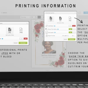 May include: A computer screen displaying a website with instructions on how to print a digital template. The website shows a red floral design with a photo of a woman. The text on the screen reads "Printing Information", "Printing at Home, Select PDF and the 'Save Paper' option to print multiple templates per page." and "Choose the 'Show Trim Marks' option to give you guidelines on where to cut/trim your template."