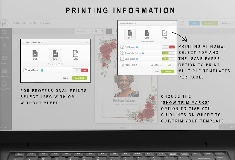 May include: A computer screen displaying a website with instructions on how to print a digital template. The website shows a red floral design with a photo of a woman. The text on the screen reads "Printing Information", "Printing at Home, Select PDF and the 'Save Paper' option to print multiple templates per page." and "Choose the 'Show Trim Marks' option to give you guidelines on where to cut/trim your template."