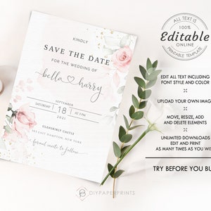 Blush Pink Wedding Save the Date Template, Save the Date Card, Printable Instant Download template, 100% Editable Text, Blush pink IZZY1 image 3