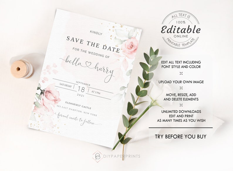 Blush Pink Wedding Save the Date Template, Save the Date Card, Printable Instant Download template, 100% Editable Text, Blush pink IZZY1 image 3