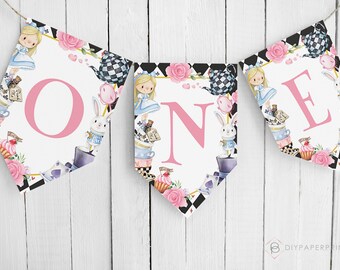 Alice in Onederland Highchair Banner: Mad Hatter Tea Party Decor (Digital Download)
