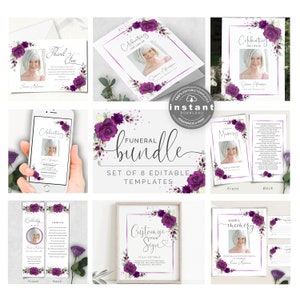 May include: A set of 8 printable funeral templates with purple flowers and a white background. The templates include a thank you card, a memorial card, a sign, a memory book, and a phone screen. The text on the templates says "Celebrating the life of", "Memory", "Customise your sign", "Share a memory", and "Thank you".