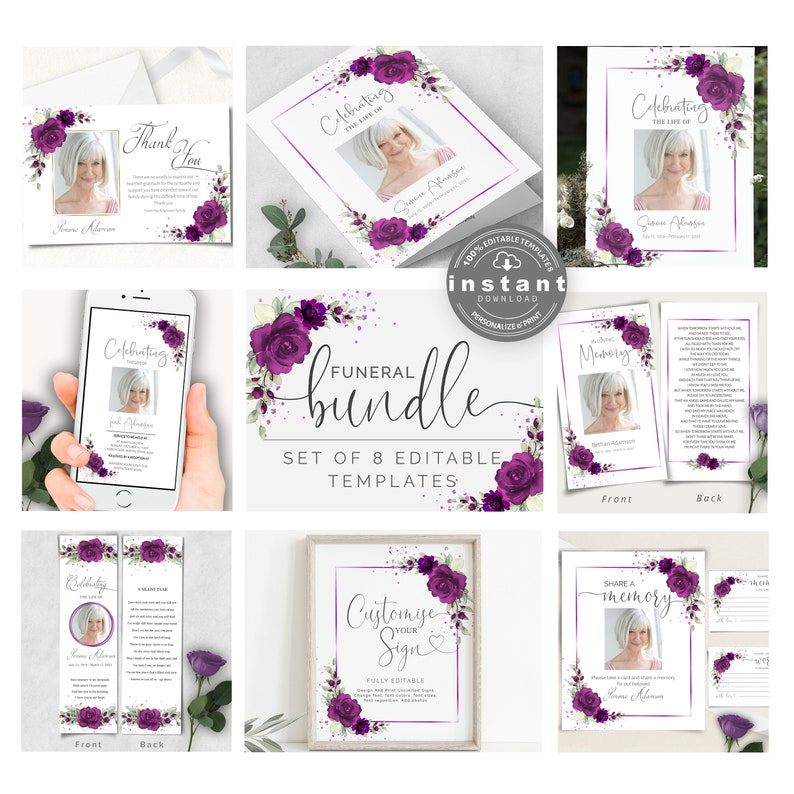 May include: A set of 8 printable funeral templates with purple flowers and a white background. The templates include a thank you card, a memorial card, a sign, a memory book, and a phone screen. The text on the templates says "Celebrating the life of", "Memory", "Customise your sign", "Share a memory", and "Thank you".