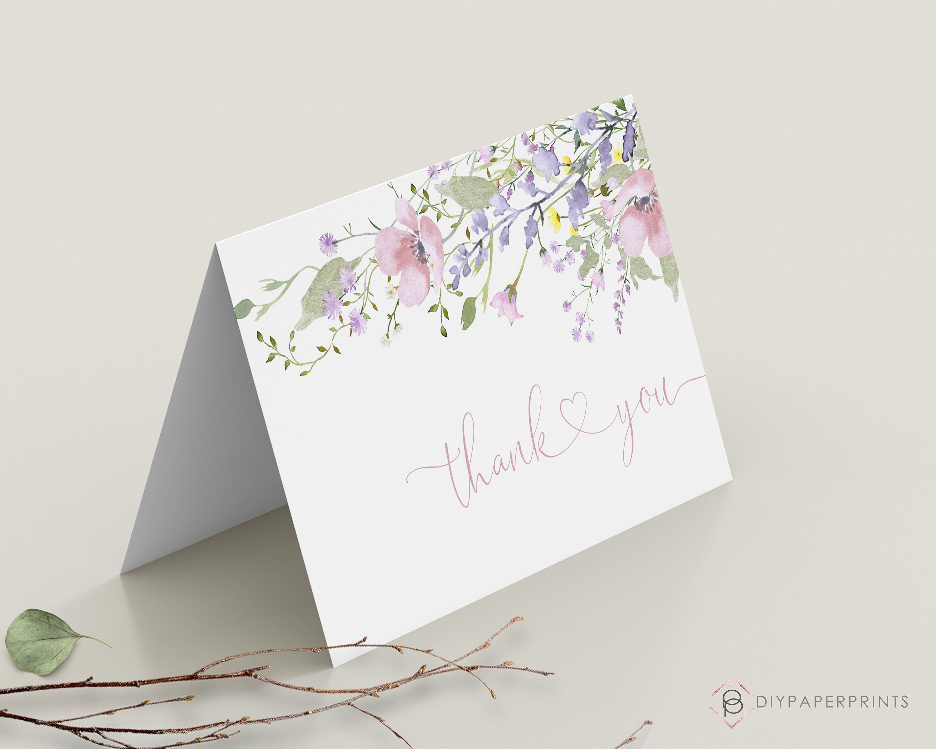 Thank You Card Template, Floral Editable Digital File, INSTANT DOWNLOAD ...