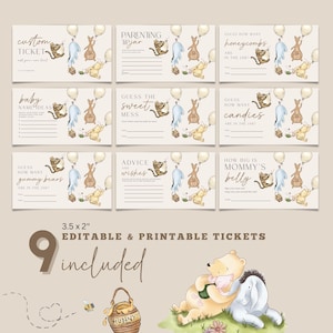 Peut inclure: Neuf billets de baby shower modifiables et imprimables, chacun de 8,89 x 5,08 cm. Les motifs incluent les personnages de Winnie l'ourson et diverses invites de jeu comme "Devinez combien de rayons de miel" et "Conseils et souhaits". Les billets ont un fond beige.