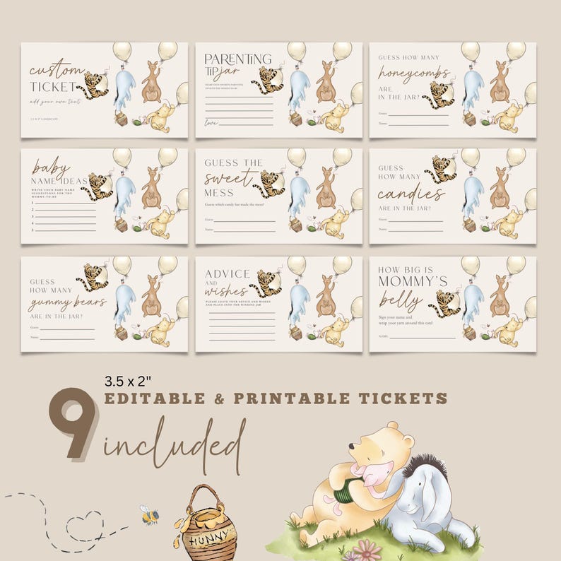 Peut inclure: Neuf billets de baby shower modifiables et imprimables, chacun de 8,89 x 5,08 cm. Les motifs incluent les personnages de Winnie l'ourson et diverses invites de jeu comme "Devinez combien de rayons de miel" et "Conseils et souhaits". Les billets ont un fond beige.