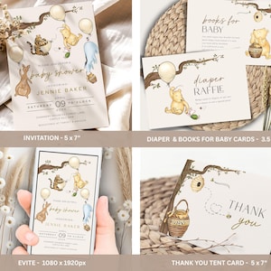 May include: A set of baby shower stationery featuring watercolor illustrations of Winnie the Pooh characters. Includes invitations, diaper raffle cards, book request cards, and thank you cards. The invitation is 5 x 7 inches.
