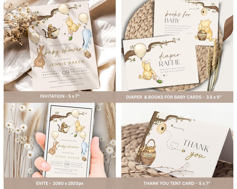 May include: A set of baby shower stationery featuring watercolor illustrations of Winnie the Pooh characters. Includes invitations, diaper raffle cards, book request cards, and thank you cards. The invitation is 5 x 7 inches.