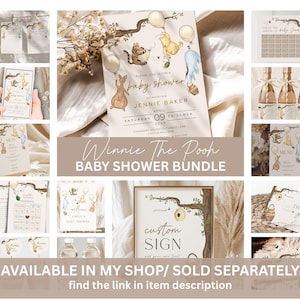 May include: A collection of Winnie the Pooh themed baby shower stationery. Includes invitations, menus, a custom sign, and thank you cards. The design features illustrations of Winnie the Pooh characters with balloons and floral accents. The text "Baby Shower Bundle" is visible.