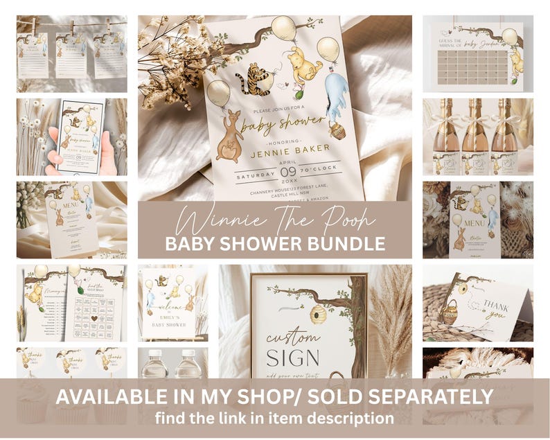 May include: A collection of Winnie the Pooh themed baby shower stationery. Includes invitations, menus, a custom sign, and thank you cards. The design features illustrations of Winnie the Pooh characters with balloons and floral accents. The text "Baby Shower Bundle" is visible.