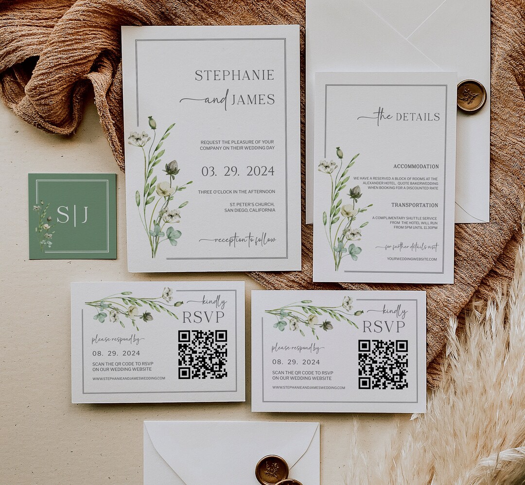Greenery Wedding Invitation Set With QR Code Botanical Wedding ...
