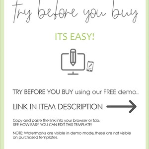 May include: A graphic with the text "try before you buy" and "ITS EASY!"  A computer screen with a pencil icon and a mobile phone with a pencil icon. The text "TRY BEFORE YOU BUY using our FREE demo... LINK IN ITEM DESCRIPTION" with a right arrow.